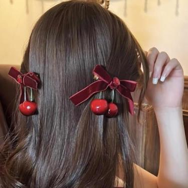 Imagem de 2 peças de grampos de cabelo vermelho com laço de cereja para mulheres, grampos de cabelo de veludo jacaré cereja rabo de cavalo presilhas para decoração de cabelo de inverno diário de Natal