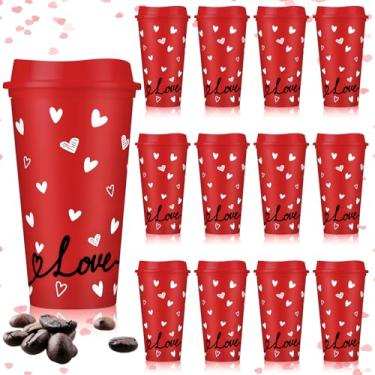 Imagem de Bokon 12 peças de copo de presente de dia dos namorados para o amante 473 ml copos de dia dos namorados copos a granel copo de café de plástico reutilizável com tampa ()