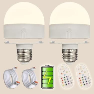 Imagem de Lâmpadas LED E26 de longa vida útil com controle remoto e interruptor de botão, lâmpada de emergência de baixa tensão operada por bateria com porta de carregamento tipo C RGB regulável para luminária