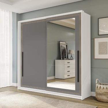 Imagem de Guarda Roupa Roupeiro 2 portas de correr 2 gavetas com Espelho Valência Branco Cinza Politorno Móveis