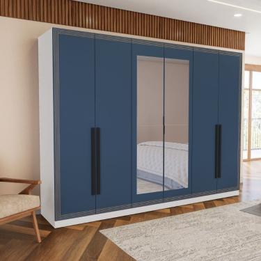 Imagem de Guarda Roupa Roupeiro 6 portas 4 gavetas com Espelho Valência Branco Azul Politorno Móveis