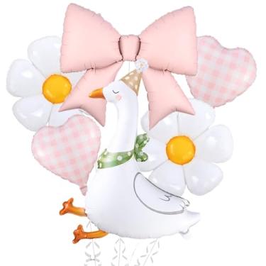 Imagem de One Silly Goose Balões de ganso branco engraçado ganso e rosa coração guingão flor margarida Mylar balões para decoração de festa de aniversário de ganso bobo (kit de laço rosa)