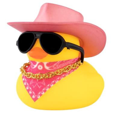 Imagem de wonuu Ornamentos de painel de carro patos de borracha, chapéu de cowboy amarelo com glitter, decoração de pato com mini boné, colar, óculos de sol (cowboy rosa)