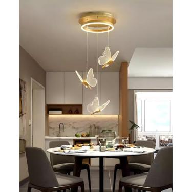 Imagem de Lustre moderno para escada, LED dimerizável, formato de borboleta, em alumínio, dourado, luminária de decoração de interiores, estilo nórdico, adequado para sala de estar, casa de campo, hot