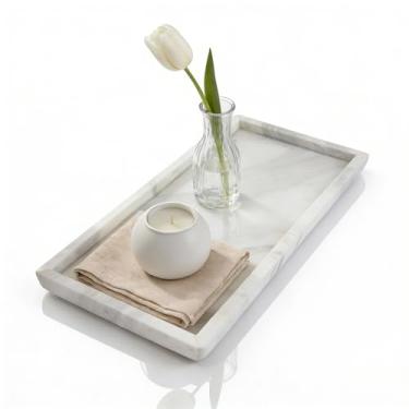 Imagem de N NANSHOP Bandeja de banheiro de mármore natural, bandeja elegante de decoração de casa de 30 x 15 cm para cozinha, banheiro, cômoda, mesa de café, organizador de suporte de pia, branco jazz (NS051)
