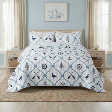 Imagem de Soul & Lane Conjunto de colcha náutica – solteiro e 1 fronha, roupa de cama costeira leve com design de oceano e lago, edredom de praia com tema de lago, colcha acolchoada de verão, aventura à beira