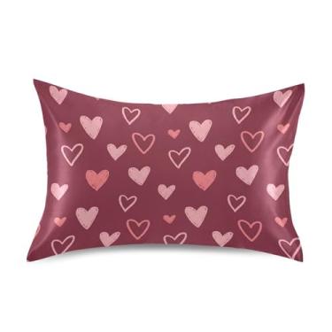 Imagem de Wassud Fronha de cetim com corações fofos para o dia dos namorados para cabelo e pele, fronhas de seda lisa, tamanho queen, respirável, com fecho de envelope