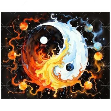 Imagem de Kit de pintura abstrata por números para adultos - Yin Yang DIY fogo e água com planetas pintura em tela 40,6 x 50,8 cm, conjunto de tinta acrílica para iniciantes, para decoração de casa ou presentes