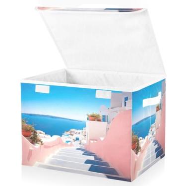 Imagem de Blueangle Cestos de armazenamento românticos Villagecore com tampas, 42 x 32 x 30 cm, grande cesta organizadora dobrável para decoração de casa e escritório (379)