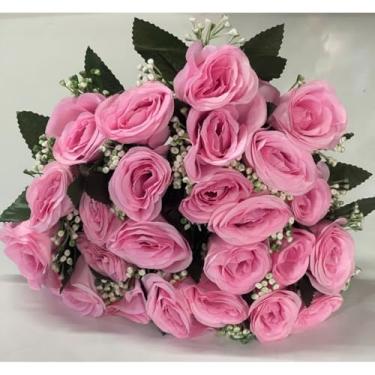 Imagem de Rosa Artificial Decorativa com 24 Flores – Buquê para Arranjos, Festas, Casamento e Decoração de Interiores(Rosa claro,Unidade)
