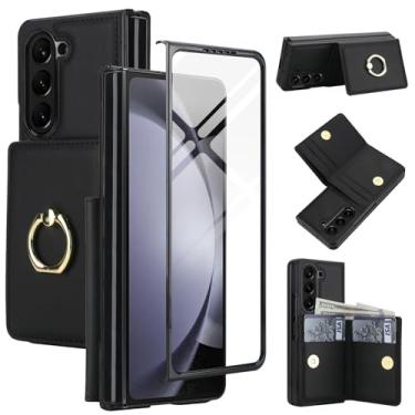 Imagem de Capa carteira para Samsung Galaxy Z Fold 6 com suporte de anel, capa flip protetora de 360° com compartimentos para cartões, bolso para dinheiro e protetor de tela para homens e mulheres (preto)