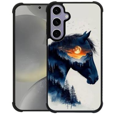 Imagem de CARLOCA Capa compatível com Samsung Galaxy S24 S25 para meninas à prova de choque anti-arranhões capa traseira rígida PC estética padrão pôr do sol montanha floresta tinta cavalo preto