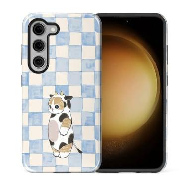Imagem de Goodsprout Capa para Samsung Galaxy S24 FE, silicone TPU de camada dupla + policarbonato rígido, à prova de choque e resistente a arranhões, azul quadriculado um gato vestido com roupas de vaca