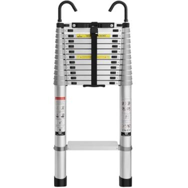 Imagem de Grefinity Escada telescópica de alumínio de 16,5 pés com ganchos, escada de extensão com juntas de liga reforçada, capacidade de carga de 181 kg com pés antiderrapantes, compacta portátil para uso em