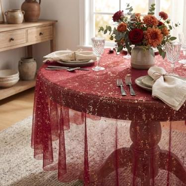 Imagem de Horaldaily Toalha de mesa de gaze dourada bordô 152 x 152 cm redonda, folha metálica com glitter de lantejoulas douradas, gaze de tule transparente para casamento, chá de bebê, cerimônia de