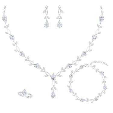 Imagem de chaoyite Conjunto de 4 peças de joias de casamento para mulheres banhado a platina zircônia cúbica colar gota brincos pulseira anel ajustável noiva dama de honra acessórios de formatura com caixa de