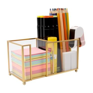 Imagem de Shonmogar Porta-notas adesivas de vidro, dispensador de 2 compartimentos, organizador de mesa dourado para notas adesivas de 7,5 x 3 cm, clipes de papel/clipes de livro, suporte elegante para mesa de