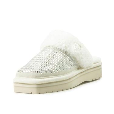 Imagem de ARIAT Pantufas femininas quentes e confortáveis para uso interno/externo, bico quadrado, plataforma exótica com cabedal de couro de camurça, Creme Dazzle, 35