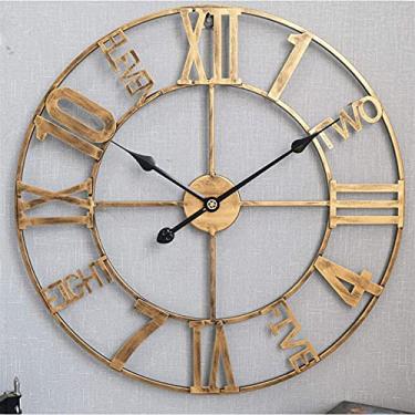 Imagem de Relógio de parede 60 cm moderno 3D grande retro arte de ferro preto algarismos romanos ocos decoração de casa relógio grande na parede para sala de estar, quarto, sala de estudo, escritório (ouro)