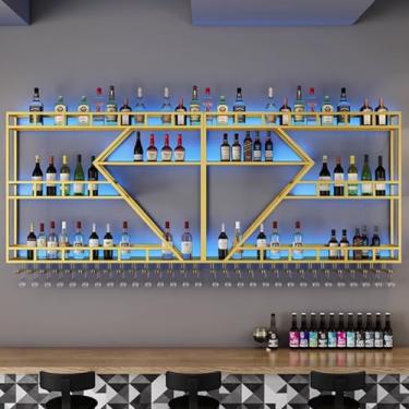 Imagem de Grande rack de vinho de LED montado na parede - Prateleiras de bar de metal industrial com suporte de vidro, prateleira de exibição de licor de ferro flutuante para casa, bar e café (luz dourada e