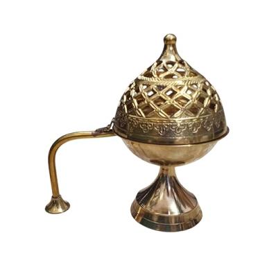 Imagem de Suporte de incenso antigo de latão puro, 17 x 17 cm | Queimador Dhuni grande com cabo longo de latão | Dhoop Dani tradicional para Puja, meditação, templo, fragrância doméstica, aromaterapia e