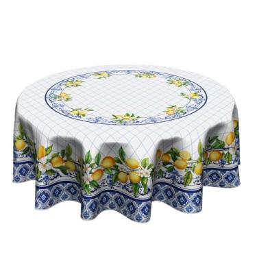 Imagem de Giwawa Toalha de mesa redonda primavera verão limão 152 cm azul boho flores toalha de mesa aquarela frutas xadrez toalha de mesa lavável para jantar, cozinha, piquenique, decoração interna e externa