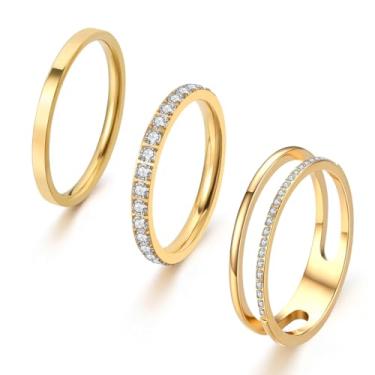 Imagem de Jarlinwel Conjunto de 3 anéis empilháveis de zircônia cúbica delicada para mulheres | Aliança Eternity para mulheres | Anel de polegar de ouro fino, 9, Ouro, aço inoxidável, Zircônia cúbica