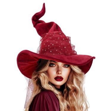 Imagem de Ibeauti Chapéu de feiticeiro para fantasia de Halloween adulto chapéu de bruxa acessório cosplay, Malha de vinho, tamanho �nico