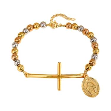 Imagem de Pulseira De Oração Ajustável Em Aço Inoxidável Com Cruz Católica Da Vi