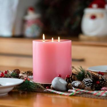 Imagem de Vela extra grande de 3 pavios rosa pilar, 15 x 15 cm, sem cheiro, sem gotejamento, sem fumaça e queima limpa. Aproximadamente 120 horas de tempo de queima. Perfeito para casamentos, jantares, Natal e