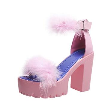 Imagem de YSMIIH Sandálias femininas de pele sintética, salto grosso, plataforma aberta, bico aberto, tira no tornozelo, sexy, colorido, vestido de casamento, rosa, 38