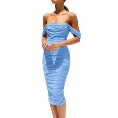 Imagem de Vestido PRETTYGARDEN 2025 Midi Azul Claro com Franzidos e Ombros à Mos