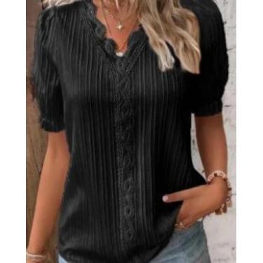 Imagem de Camisa Casual De Manga Curta Em Renda Branca Com Violetas Amarelas E V