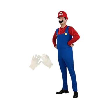 Imagem de Fantasia Adulto Super Mario Bros Para Homens Com Chapéu E Bigode Para 