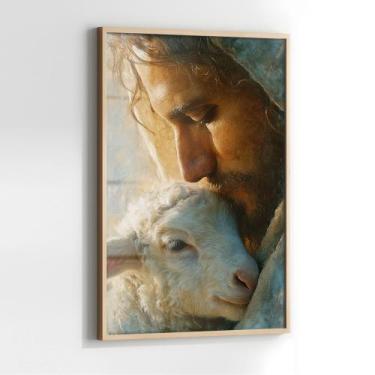 Imagem de Quadro com Moldura e Acrilico Cristal Vidro Jesus Ovelha para Sala, Qu