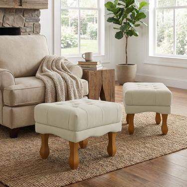 Imagem de Kit 2 Puffs Duque Bouclé Premium de Luxo Capitone Elegantes para Sala Quarto Decoração Pés Luiz Xv Castanho