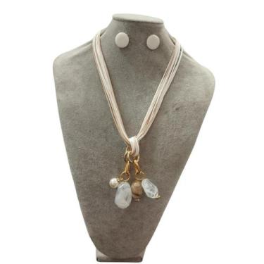 Imagem de Colar feminino fio resina pedras cristais kit brinco luxo - MLBpel, Br