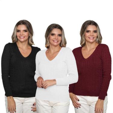 Imagem de Kit 3 Blusas Suéter Feminino Tricot Trançado Gola V Inverno - GIP, Pre