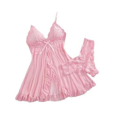 Imagem de Camisola Babydoll Feminina Sexy Com Decote Em V, Renda, Tule E Babados