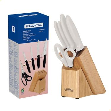 Imagem de Jogo de Facas Tramontina Plenus Aço Inox Cabos Poliprop. Off White e Sup de Madeira 6 P...