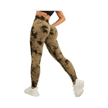Imagem de Calças De Yoga Femininas Tie Dye De Cintura Alta Sem Costura Com Contr