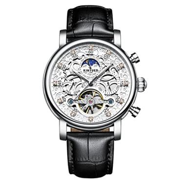 Imagem de Relógio de pulso masculino automático de luxo, clássico, com fase da lua, esqueleto, movimento turbillon, mostrador de data, impermeável, de couro luminoso, preto