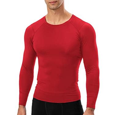 Imagem de Camisa esportiva masculina manga longa O pescoço elástico slim fitness camisetas(Large)(vermelho)
