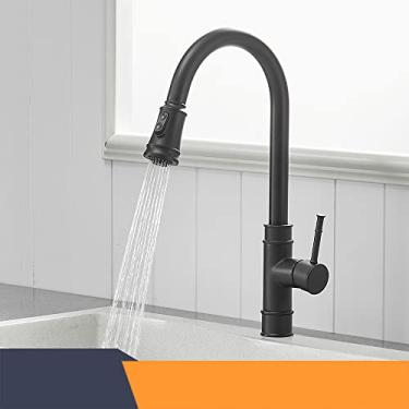Imagem de Torneiras de cozinha douradas de prata com alça única, puxe para fora, torneira de cozinha, alça de furo único, grau giratório, torneira misturadora de água, torneira misturadora, 866095, preto, china
