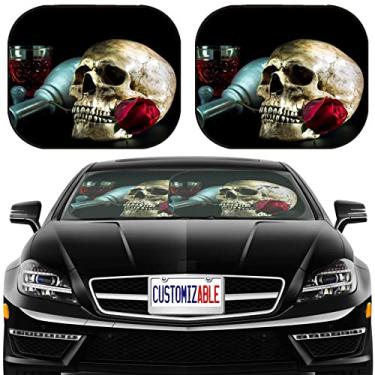 Imagem de MSD Para-sol de para-brisa de carro, ajuste universal, 2 peças para para-sol de janela de carro, capa protetora dobrável automotiva, ID da imagem: 25175206 Vida morta com crânio humano com botão de rosa vermelho e vidro vintage