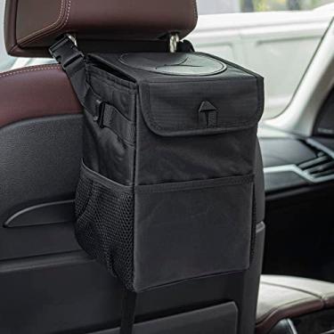 Imagem de JUSTTOP Mini lixeira de carro impermeável 6L com tampa e bolsos de armazenamento, acessórios para pendurar saco de lixo de carro, lata de lixo multiuso para carro (preto)
