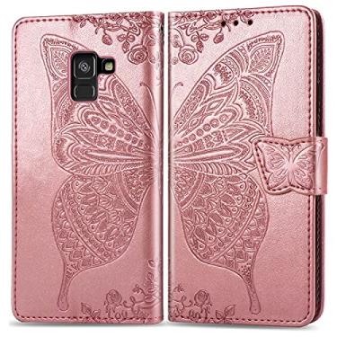 Imagem de CHAJIJIAO Capa flip capa carteira para Samsung Galaxy A8 2018, capa de telefone carteira flip pára-choques à prova de choque / alça de pulso/coldre floral padrão borboleta carteira capa traseira do telefone (cor: rosa rosa)