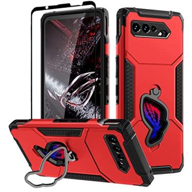 Imagem de Fanbiya Armor Capa para ASUS ROG Phone 5, 5 Pro Case com Kickstand e protetor de câmera, 360 ° Full Body Protection Rugged Shockproof Case com vidro temperado, Vermelho