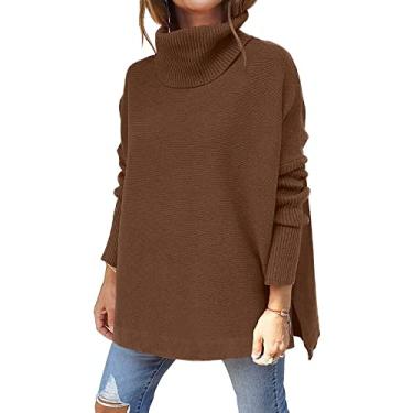 Imagem de Suéter feminino de malha gola rolê manga longa suéter de malha outono inverno pulôver suéteres, marrom, GG