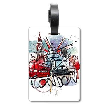 Imagem de London Bus Big Ben UK Bolsa de mala em aquarela com etiqueta para cartão de bagagem